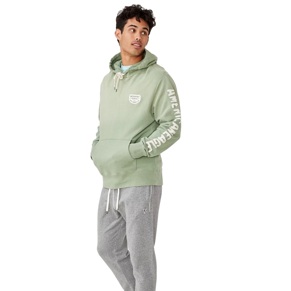 American Eagle Outfitters Bonfire Fleece Graphic Hoodie olive XS men relaxed fit